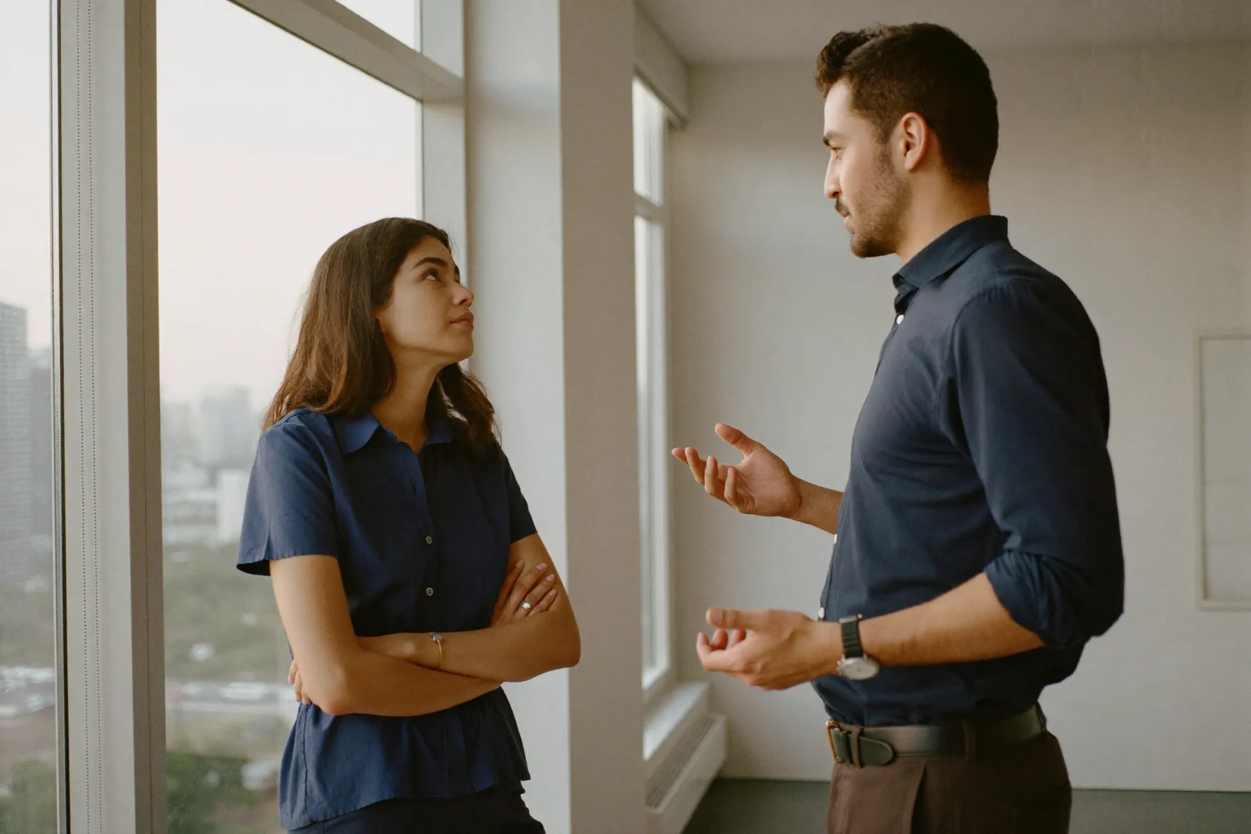 Two co-founders in a serious, constructive conversation by an office window