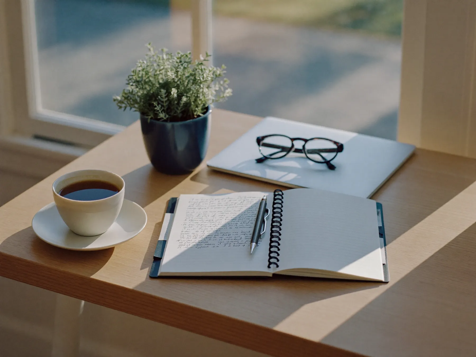 A notebook, a cup of chai and reading glasses on a sunlit desk